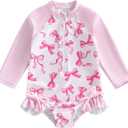 Yccutest Little Toddler Girl Long Sleeve One Piece Swimsuit Pink Bow Print Rash Guard Bathing Suit for Girls Kids Swimwear (12-18 Months)