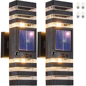 2 Pack Solar Outdoor Wall Lights with Motion Sensor 3-Mode Motion Outdoor Sconces 3000K 500LM Dusk to Dawn Solar Porch Light Fixtures Modern Up Down Exterior Wall Lamp for House Garage Front Door (Black)