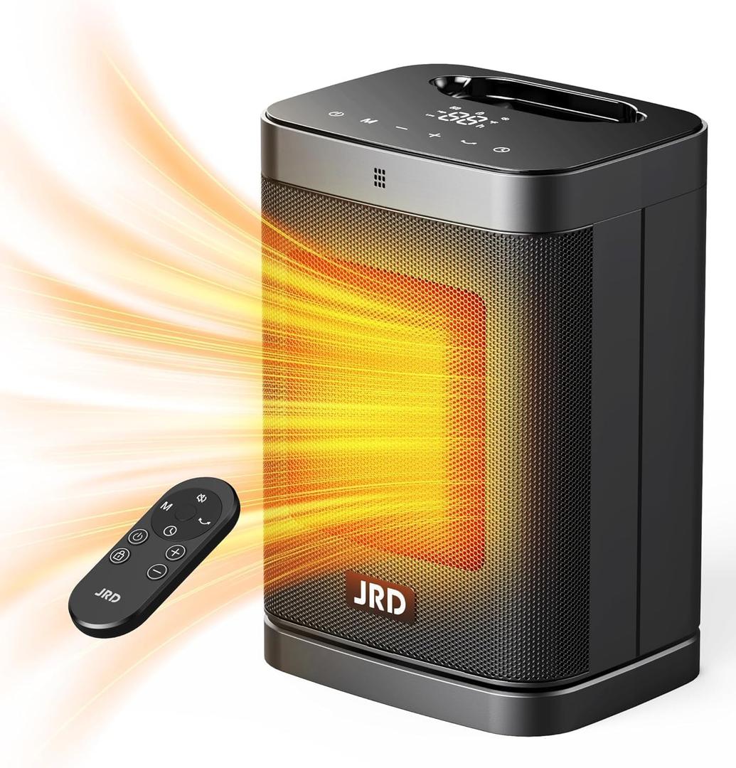 JRD 10inch PTC Space Heater with 80Oscillation, Thermostat, 12h Timer, Fast Heat, Eco Mode, Remote, 1500W Small Quiet Safe Room Electric Heater, Portable Desk Heat for Office Bedroom, Black
