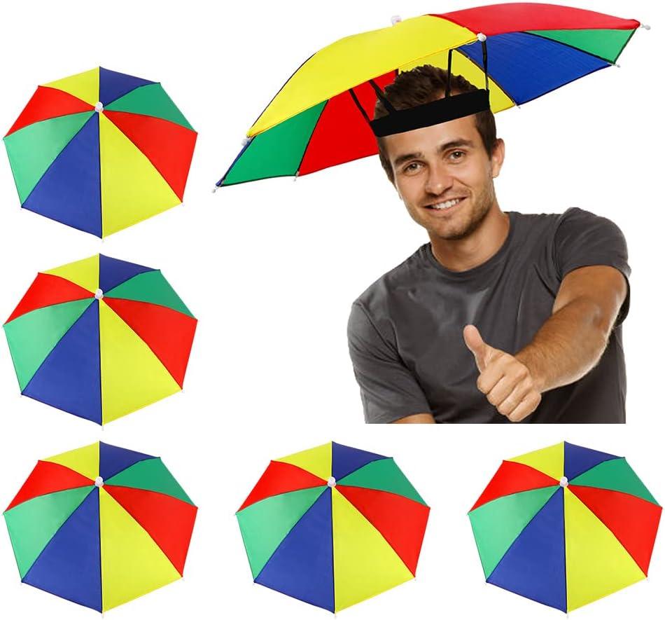5 Pack Umbrella Hat with Elastic Band, Rainbow Waterproof Fishing Umbrella Hat for Adults Kids Women Men