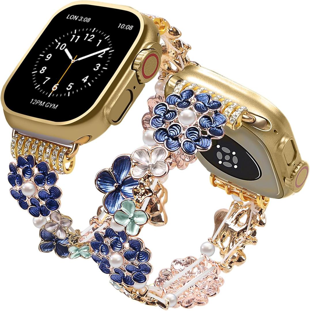VIQIV Dressy Bracelet Compatible with Apple Watch Bands for Women 38mm 42/44/45/46/49mm-Small(fit for 5.5"-6.7" Wrist) Strethy, Cute Fancy Bling Metal Stretch Wristband Straps Smartwatch Bands for iWatch Ultra 2/Ultra Series 10/9/8/7/6/5/4/3/2/1/SE (Blue)