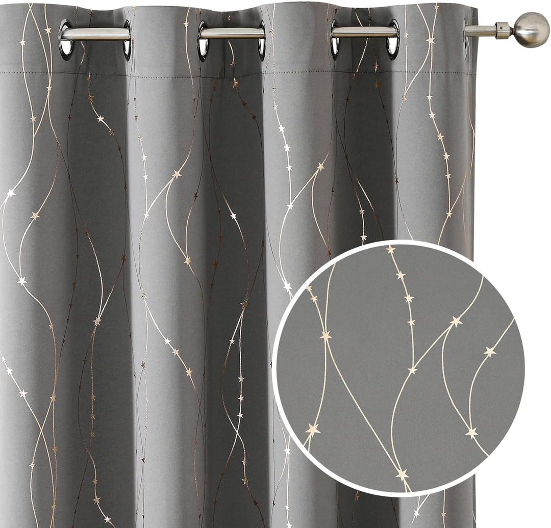 SMILE WEAVER Light Grey Room Darkening Curtains for Living Room 72 Inch Long 2 Panels,Blackout Curtains with Printed Design Noise Reducing Thermal Insulated Bedroom Grommet Window Drapes (52"W x 72"L (Pack of 2), Gray Gold)