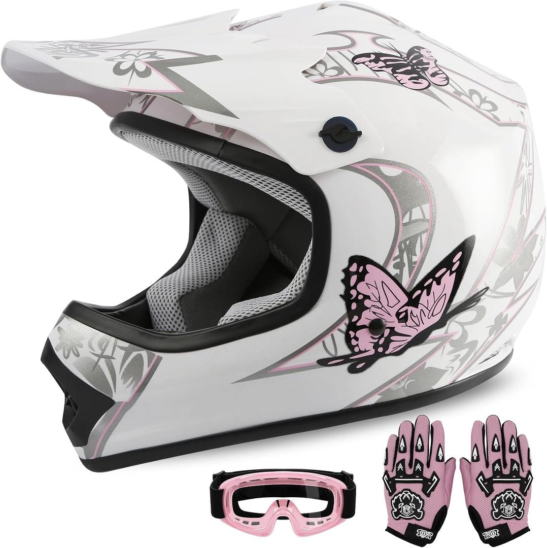 XFMT Kids Dirt Bike Helmet Youth Motorcycle Helmet DOT-Certified Full Face Helmets for Motocross ATV Off-Road Street Bike with Goggles & Gloves, Pink Butterfly Medium