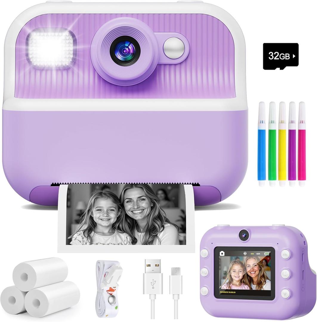 Instant Camera, Front Rear Dual Selfie Kids Camera with 1080P Videos, Holiday Birthday Gifts for Kids Age 3-12, Toddler Portable Travel Print Digital Camera Toy for 4 5 6 7 8 9 Year Boys Girls (Purple)