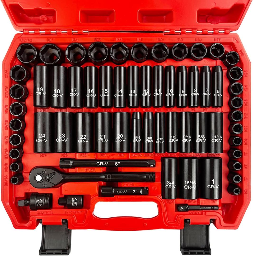 64pcs 3/8" Socket Set,Drive Impact Socket Set, SAE/Metric, Deep & Shallow, Cr-V Steel, 6 Point with Adapters, 72T Ratchet Handle, Extension BarsBit Adapter6-24mm5/16-1 inch
