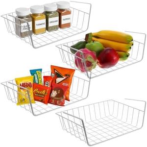 4-Pack White Under Cabinet Storage Baskets – Hanging Shelf Organizers for Kitchen, Pantry, Desk & Bookshelf – No-Tool Installation, Space-Saving Design