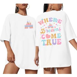 Magic Kingdom Shirts for Women: Oversized Castle Graphic Tees Magical Fairy Tale Gift Shirt Casual Short Sleeve Tops (Large, White)