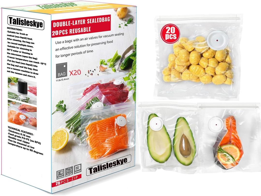 Vacuum sealer bags for food,reusable vacuum seal bags, storage bags vacuum sealed with air valve, double zipper. (13.4 * 11.8inch) 20pcs. (Large)