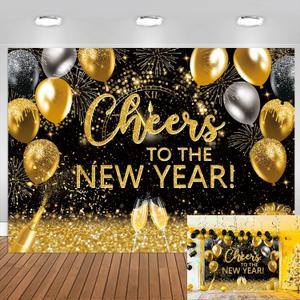 8x6ft Happy New Year Backdrop 2026 Cheers to The New Year Decorations Banner Black and Gold Happy New Year's Eve Photography Background for NYE Decorations New Years Eve Party Supplies