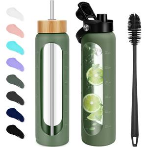 32 oz Glass Water Bottles - 1 Liter Motivational Tumbler With Time Marker - Borosilicate Glass With Silicone Sleeve and 2 Lids, Handle Spout & Bamboo Straw Lid (Olive)
