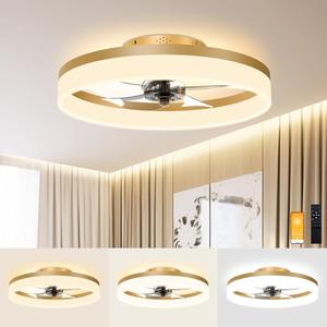 VOLISUN Low Profile Ceiling Fans with Lights and Remote, 19.7in Fandelier Ceiling Fan Flush Mount, 3000K-6500K Smart Bladeless LED Fan Light, Gold Modern Ceiling Fans with Lights for Bedroom
