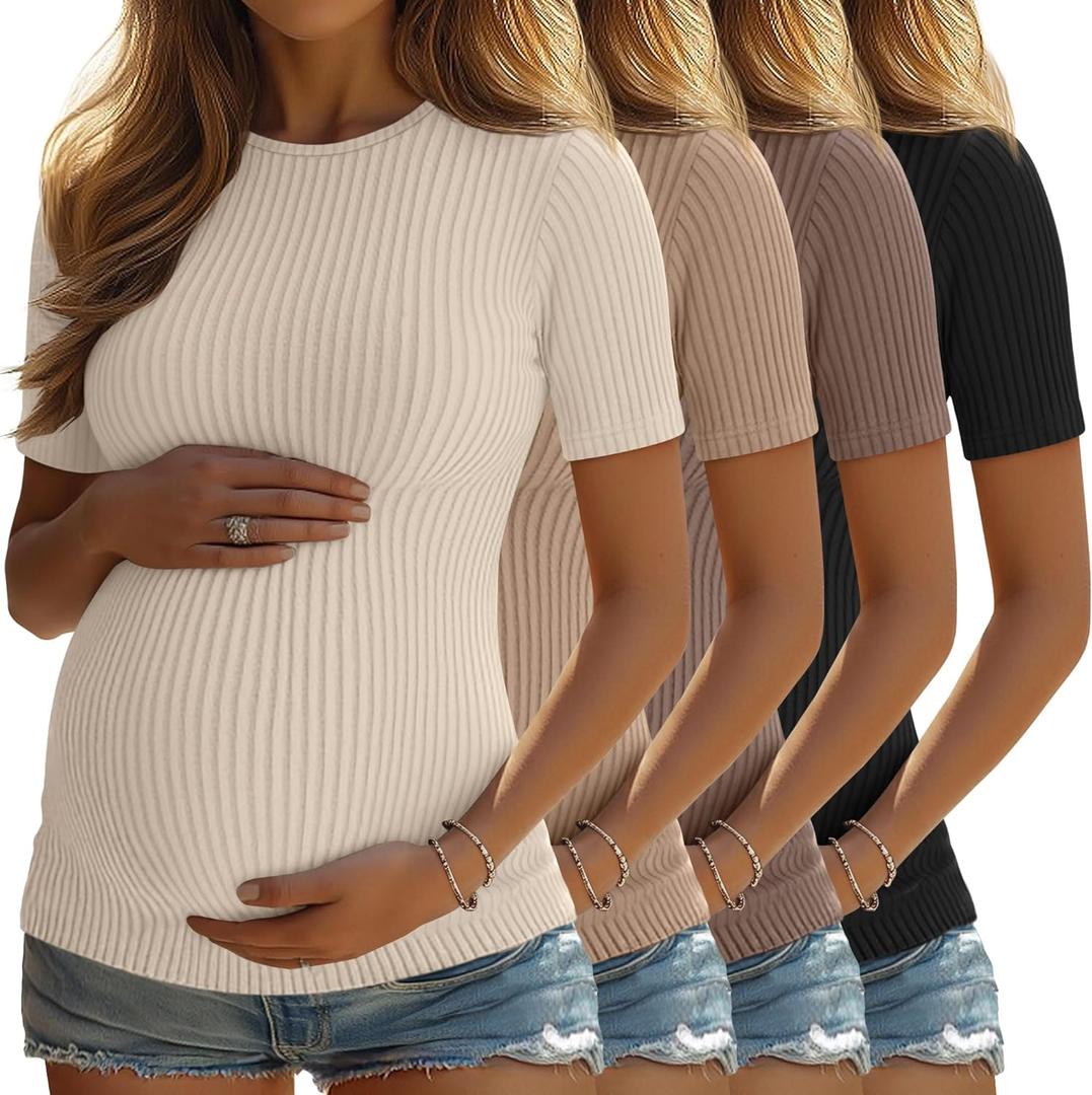 4 Pack Women's Maternity Shirts Ribbed Knit Short Sleeve Pregnancy Tops Crew Neck Tunic Tees Casual Summer Clothes (Apricot, Khaki, Coffee, Black)