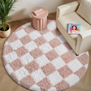 47*47 Round Rug for Playroom, Pink and White Modern Shag Rugs Super Soft Washable Fluffy Carpet Indoor Office Fuzzy for Bedroom Living Romm Home Dorm Aesthetic Decor
