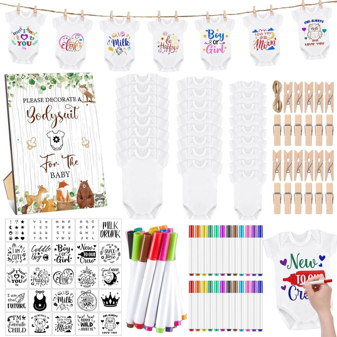 Panitay 126 Pcs Baby Shower DIY Bodysuit Set Rustic Kraft Baby Shower Game Sign DIY Bib 25 Blank White Newborn Bodysuit 25 Stencils 24 Marker 1 Sign 50 Pins for Gender Reveal(Woodland Animals)