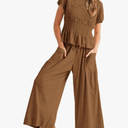 Womens 2 Piece Smocked Top Wide-Leg Pants Set High-Waisted Lounge Outfit with Pockets Casual Boho Matching Set, 2 XL 