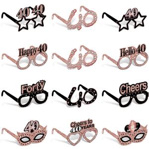 Zirtorei 24pcs 40th Birthday Paper Eyeglasses Decorations for Women, Rose Gold Happy 40th Birthday Eyeglasses Party Supplies, Cheers to 40 Years Bday Glasses Hello Forty Photo Booth Props Decor