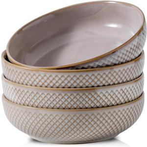 HVH 8.5 inch Large Pasta Bowls Set of 4, 46oz Big Salad Bowl Set of 4, Shallow Bowls, Ceramic Plates Set, Ceramic Bowls Set Microwave and Dishwasher Safe (Sand Color)