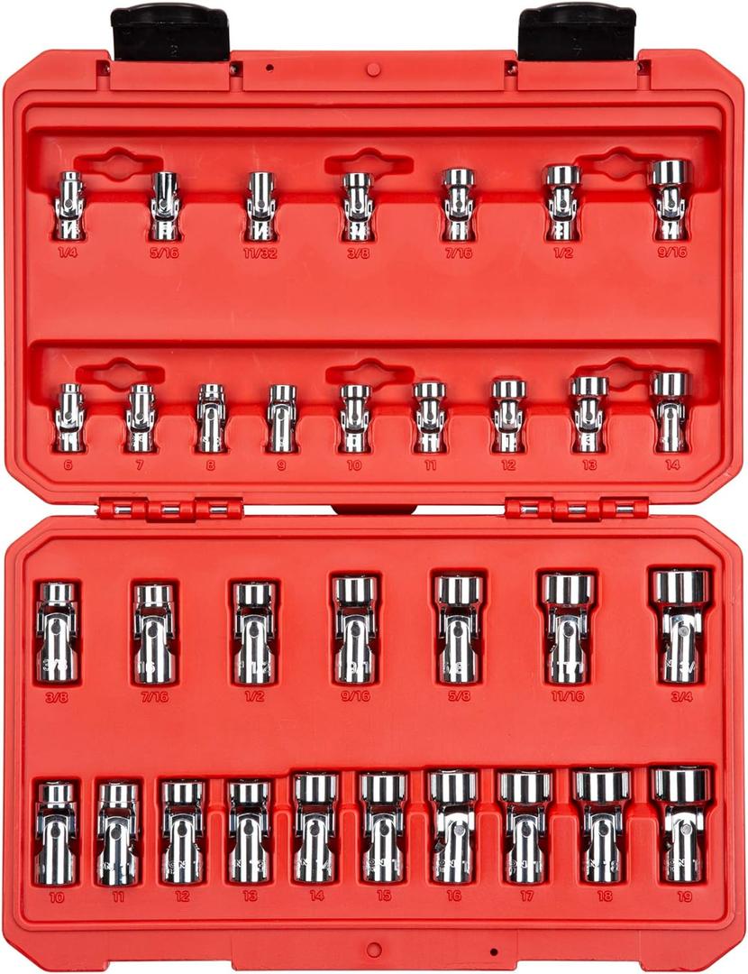 TEKTON 1/4, 3/8 Inch Drive 6-Point Universal Joint Socket Set with Case, 33-Piece (1/4-3/4 in., 6-19 mm) | SHD99301
