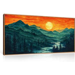Woodland Mountain Framed Canvas Wall Art Set, Abstract Ridge Wall Painting, Boho Sunset Scenery Wall Decor, Modern Natural Landscape Art Print for Living Room, Bedroom, Office - 20"x40"