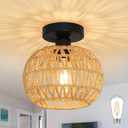 8.6 inch Mini Rattan Light Fixtures Ceiling Boho Light Fixtures Wicker Ceiling Light Hand Woven Ceiling Light Fixtures Flush Mount Ceiling Light with Woven Shade for Hallway Bedroom