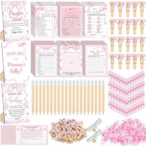 Sherr 476 Pink Bow Coquette Baby Shower Games 6 Sets Activities Card Pacifier Hunt Game 50 Pacifier How Big Is Mommy's Belly Sign 50 Guessing Card 2 Measuring Tape Don't Say Baby Sign 50 Clothespin