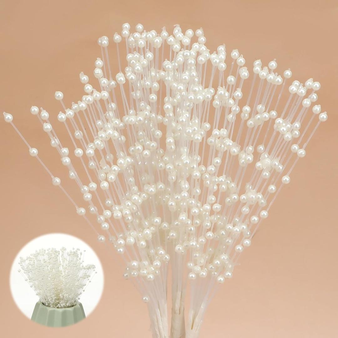 50 PCS Matte Plastic Beads Floral Picks for Bouquets Beaded Spray Filler Floral Arrangements 4mm Stick Stems Bouquets Florals Picks Bead String Garland Wedding Party Decoration(Cream Color)