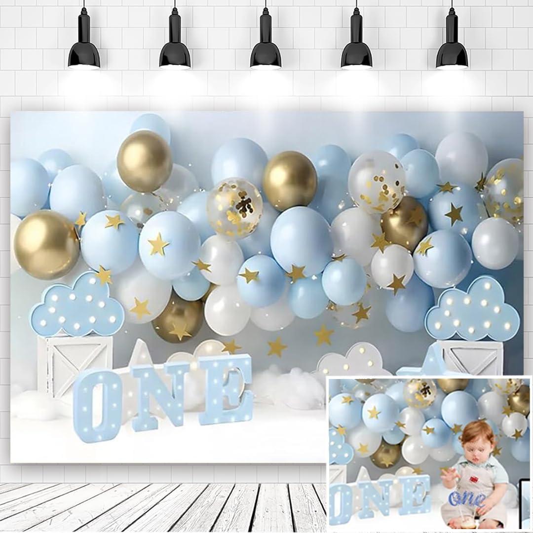 7x5ft First Birthday Backdrop for Boy - Blue Gold White Balloon 1st Birthday Photography Background for Baby Shower Cake Smash Banner Photo Studio Props