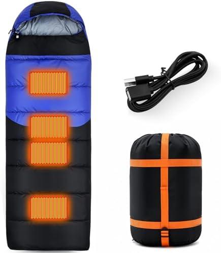 Macarrie Heated Sleeping Bag 5 Heating Zones Envelope Style Sleeping Bag 3 Adjustable Heating Levels Multi USB Power Supported Cold Weather Heated Pads for All Season Hiking Camping