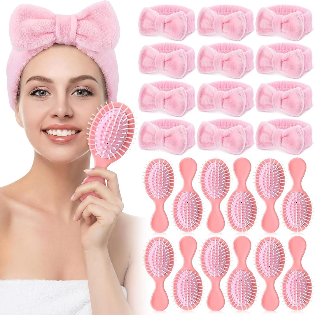 24 Pcs Spa Headband and Mini Hair Brush Bulk Spa Party Favor Include 12 Skincare Headbands with Bow 12 Dry Hairbrush for Women Skincare Gift Sleepover Party Supplies(Pink)