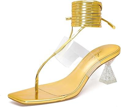 Heels for Women Square Open Toe Lace Up Thong Strappy Heel Sandals Sexy Tie Up Clear Chunky Heeled Sandals for Party Wedding. Size 10