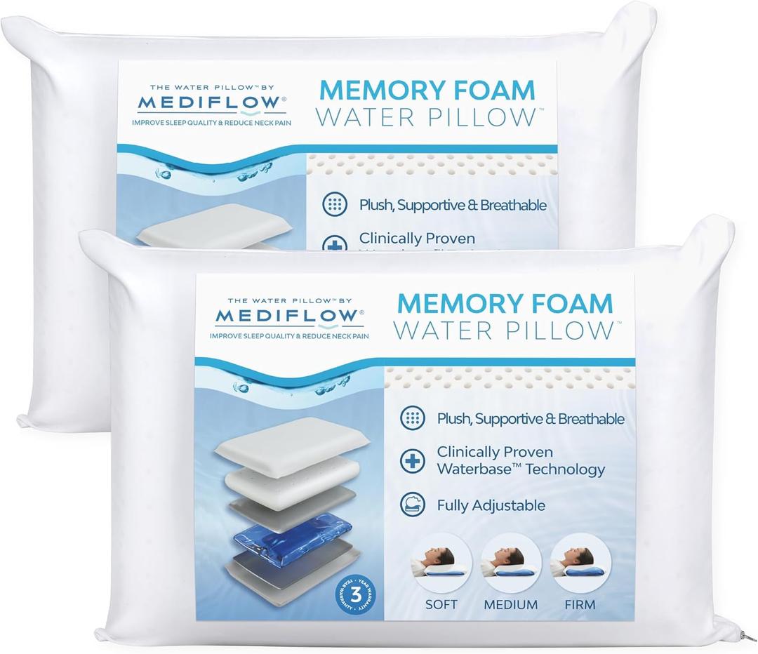 Water Pillow Memory Foam re-Invented with Waterbase Technology - Clinically Proven to Reduce Neck Pain & Improve Sleep Quality. (Twin Pack) (White)