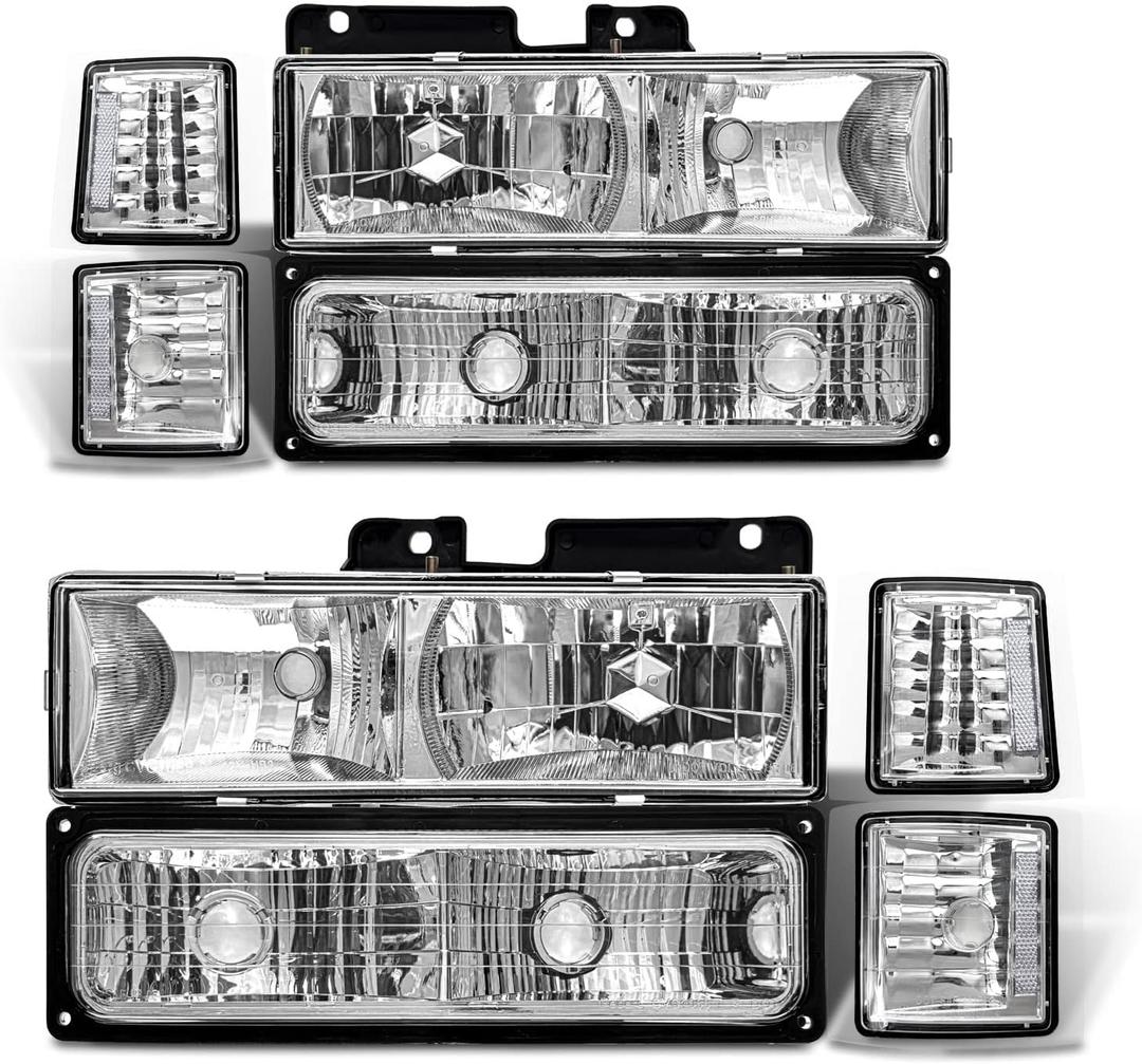 Headlight Assembly for 94 95 96 97 98 Obs Chevy Silverado/C10 Pickup/C/K 1500 2500 3500 Truck, 94-99 Suburban 1995-1999 Tahoe Chrome Housing with Clear Reflector Headlamp Replacement Pair