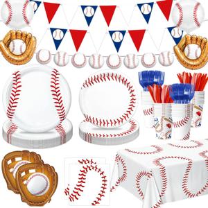 Oigco 150 PCS Baseball Decorations Set Includes Plates, Napkins, Cups, Cutlery, Banner, Tablecloth, Foil Balloons for Sports Baseball Birthday Party Decorations, Serves 24
