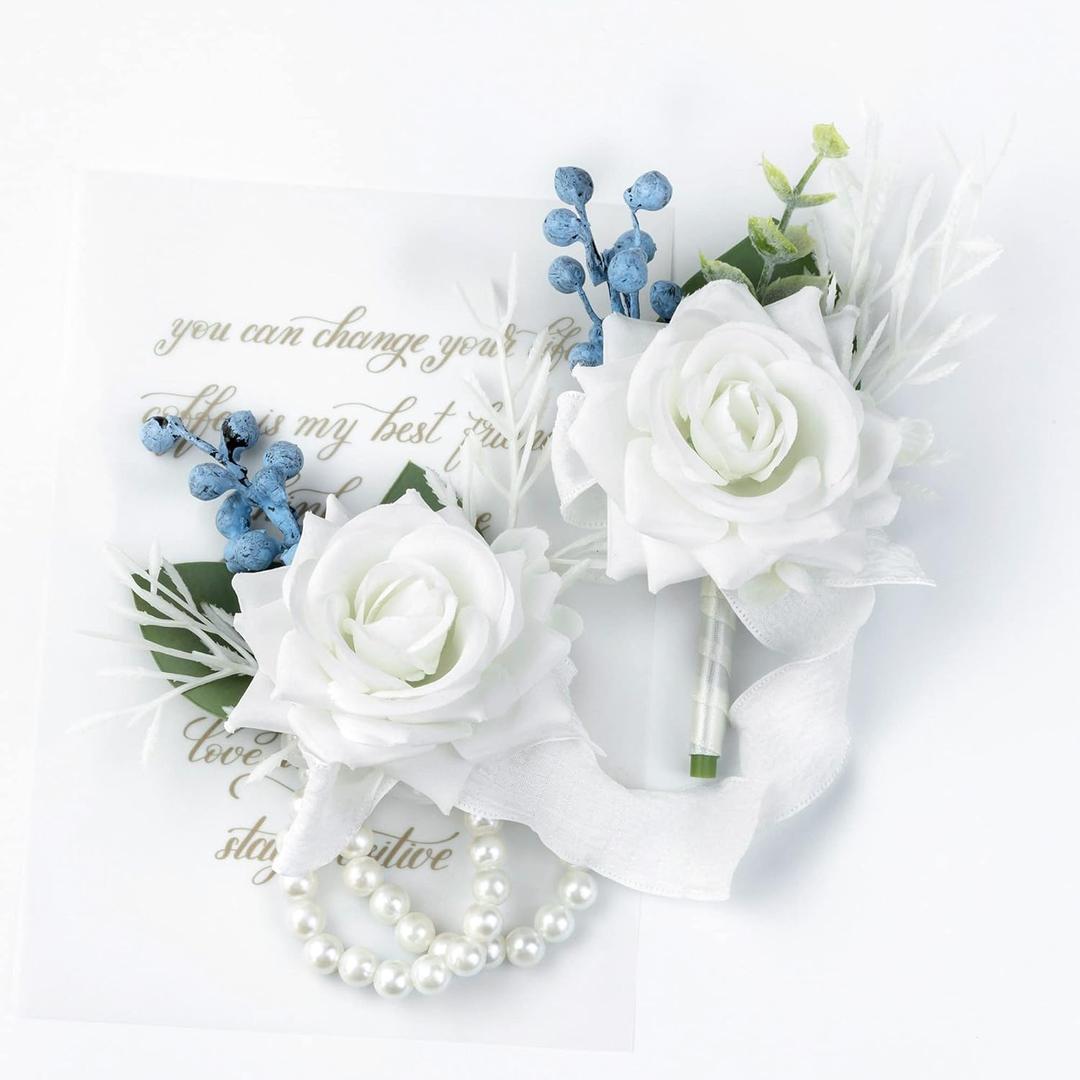 Wrist Corsage Wristlet and Boutonniere for Wedding Bridesmaid Mother Grandmother for Bridal Shower Wedding Artificial Roses Flower Prom Set of 2 (White)