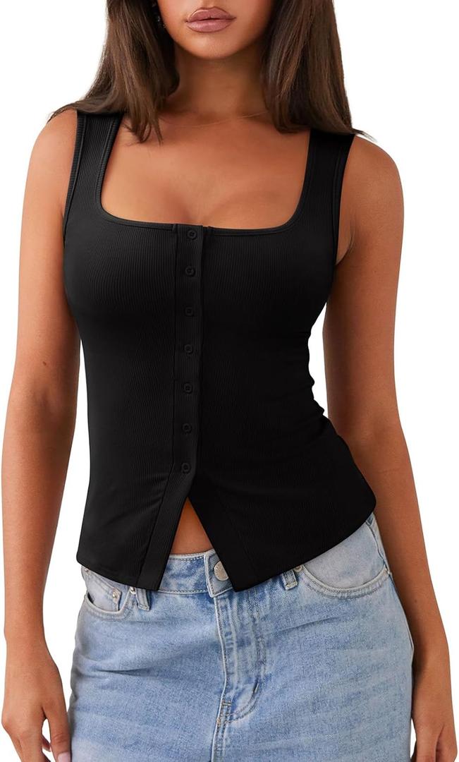 REORIA Womens Going Out Tops Cute Ribbed Button Down Square Neck Sleeveless Vest Crop Tank Top (Black, S)