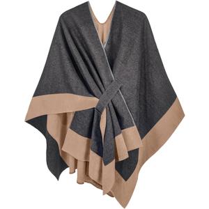 Moss Rose Women's Shawl Wrap Poncho Ruana Cape Open Front Cardigan Shawls for Spring Fall Winter (Grey+camel 2)