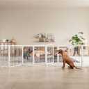 JSB 192-inch Extra Wide 30-inch Tall Dog gate with Door Walk Through,Full Matel Freestanding Round Tube Pet Gate for Halls Stairs, Puppy Safety Dog Fence with 4PCS Support Feet (White)
