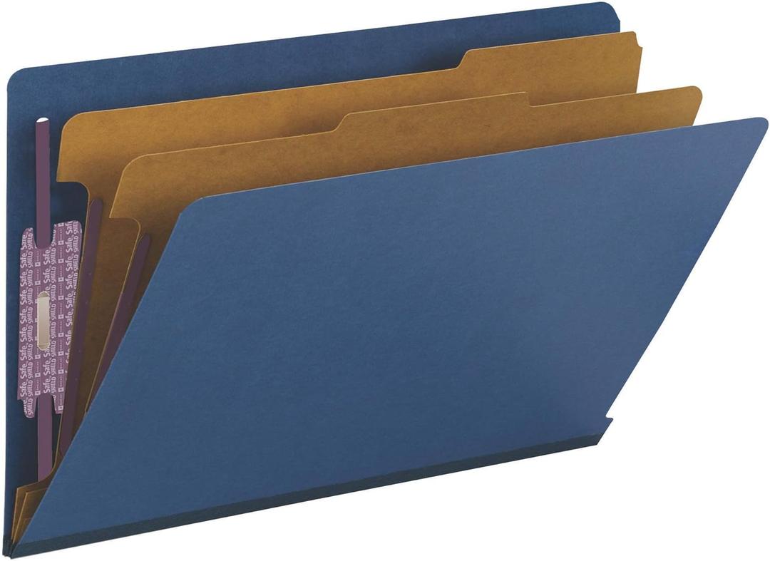 Smead 100% Recycled End Tab Pressboard Classification File Folder with SafeSHIELD Fasteners, 2 Dividers, 2" Expansion, Legal Size, Dark Blue, 10 per Box (29784)