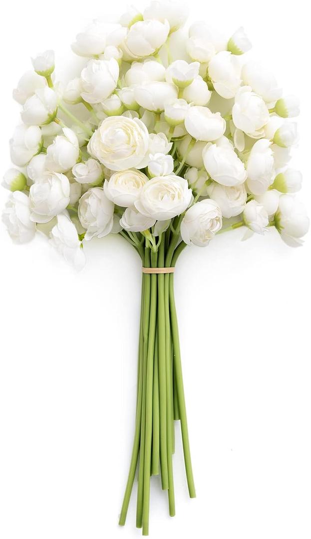 Ling's Moment Ranunculus Artificial Flower, Faux Silk Mini Ranunculus Flowers for DIY Bouquet, Bulk Fake Wedding Filler Flowers for Centerpieces Arrangements Bridal Shower Decorations, Ivory White