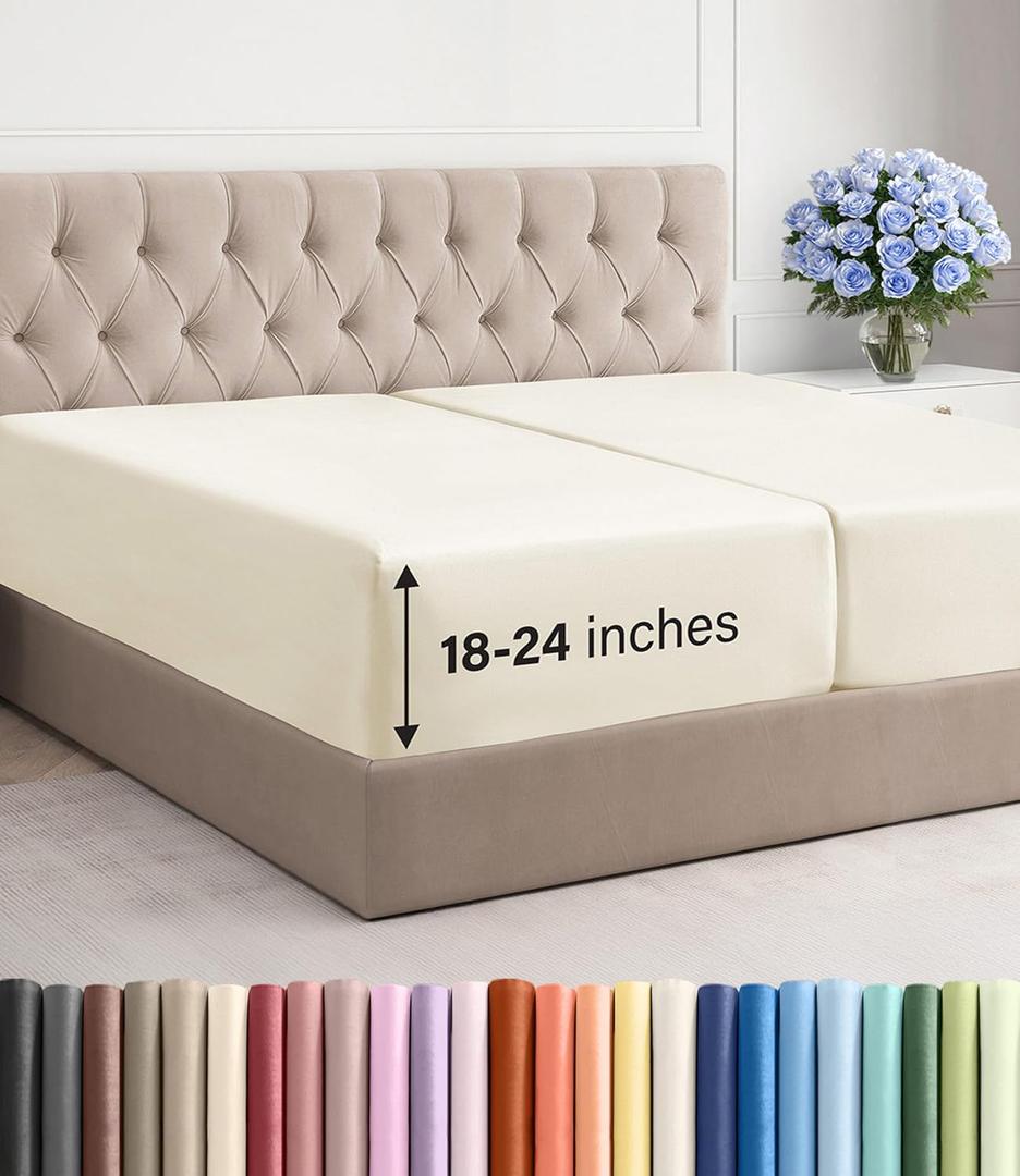 Extra Deep Split King Fitted Sheet - Hotel Luxury Single Fitted Sheet Only - Easily Fits 18 inch to 24 inch Mattress - Ultra Soft, Wrinkle Free w/Extra Deep Pockets - Breathable & Comfy - Off White