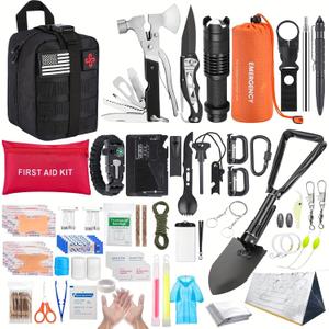 Survival Kit, 252Pcs Survival Gear First Aid Kit with Molle System Compatible Bag and Emergency Tent, Emergency Kit for Earthquake, Outdoor Adventure, Hiking, Hunting, Gifts for Men Women (Black)