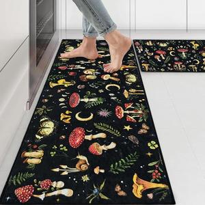 Zussun Mushroom Rug Kitchen Mats for Floor Kitchen Rugs Non Slip Washable Sets of 2 Black Butterfly Floral Plant Low Pile Stain Resistant Waterproof Floor Standing Mat for Office Laundry Sink Desk, 2 Rugs 3'x2' And 5'x2'
