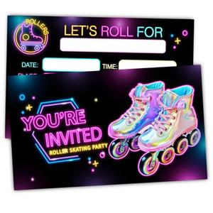 XIAOPNN Neon Roller Skating Birthday Party Invitation for Girls, Kids Ice Skates Birthday Party Supplies, 30 Cards With 30 Envelopes