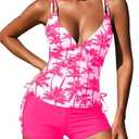 ZAFUL Women's 2025 Tankini Swimsuits Ruched Top Two Piece Tummy Control V Neck Bathing Suits with Short, Size M