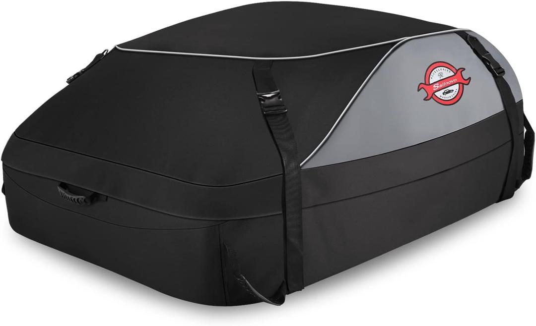 Sailnovo Car Rooftop Cargo Carrier Roof Bag, 15 Cubic feet Waterproof Roof Cargo Carrier fit car with/Without Luggage Rack - Vehicle Soft Shell Roof Cargo Box with Tie-Down Strap, Safety Hook