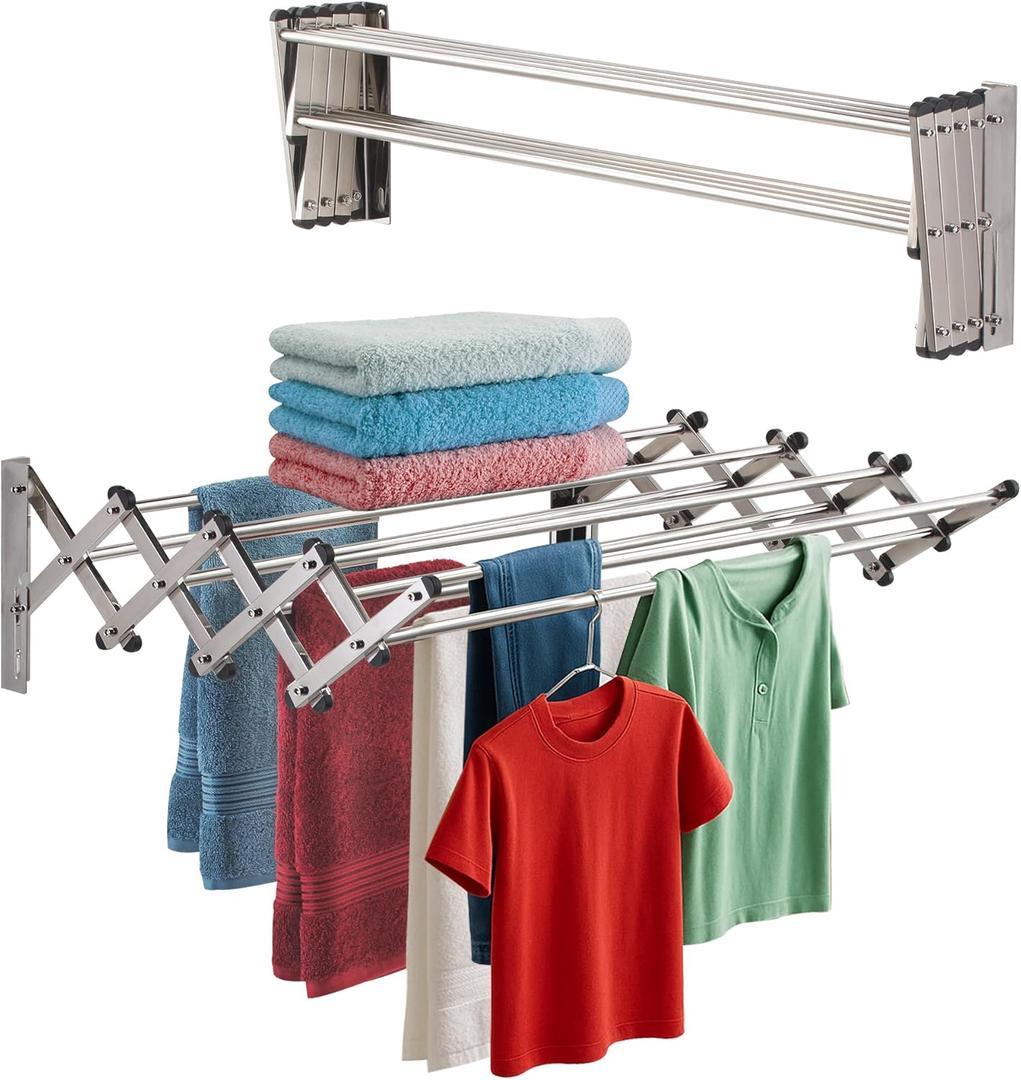 Smartsome | Wall Mounted | Clothes Drying Rack | 34" Wide | 22.5 Linear Feet Capacity | 8 Smooth Round Stainless Steel Rods | 60 lb Capacity | Fully Assembled | Compact Sturdy Space-Saving Design