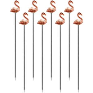 OGGI Flamingo Metal Cocktail Picks Stick 7 pcs - Martini Picks, Reusable Rose Gold Metal Cocktail Skewers, Martini Sticks for Olives, Appetizers, Tiki, Luau, 4.5" / 11.5cm