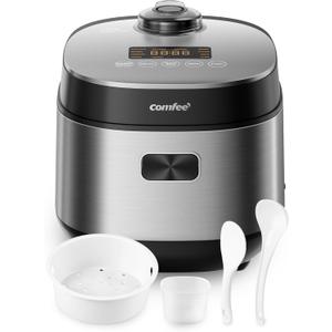 COMFEE' Compact Rice Cooker 8 Cups Cooked/4 Cups Uncooked, 9-in-1 Multi Cooker, Fast Rice Maker, Steam, Brown Rice, Grains, Fuzzy Logic Technology, Grey