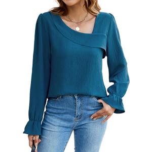 BMJL Womens Blouses Dressy Casual Asymmetrical Neck Long Sleeve Shirts Business Work Fall Tops (Medium, Dark Cyan)