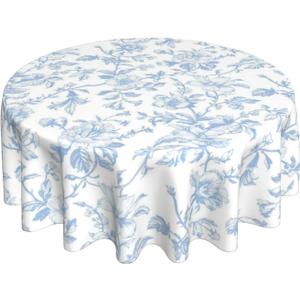 AGAYNA Light Blue Floral Tablecloth Round 70 Inch Chinoiserie Vintage Flower Table Cloth,Stain Resistance Polyester Spring Summer Seasonal Small Table Covers for Kitchen Dining Party Picnic